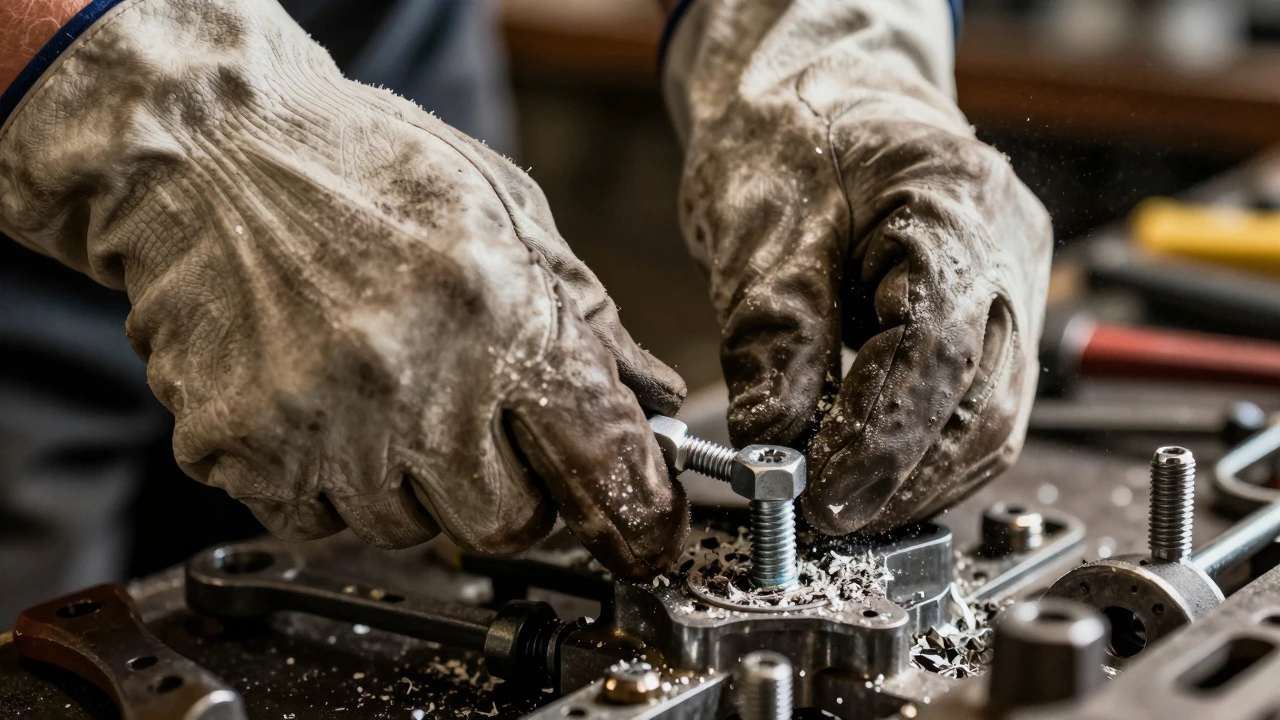 Close-up of gloved hands using a wrench on a mechanical part in a workshop