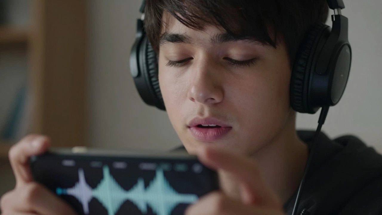 Close-up of learner practicing shadowing technique with headphones
