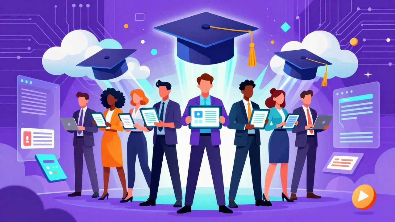 Illustration of professionals with portfolios replacing graduation caps