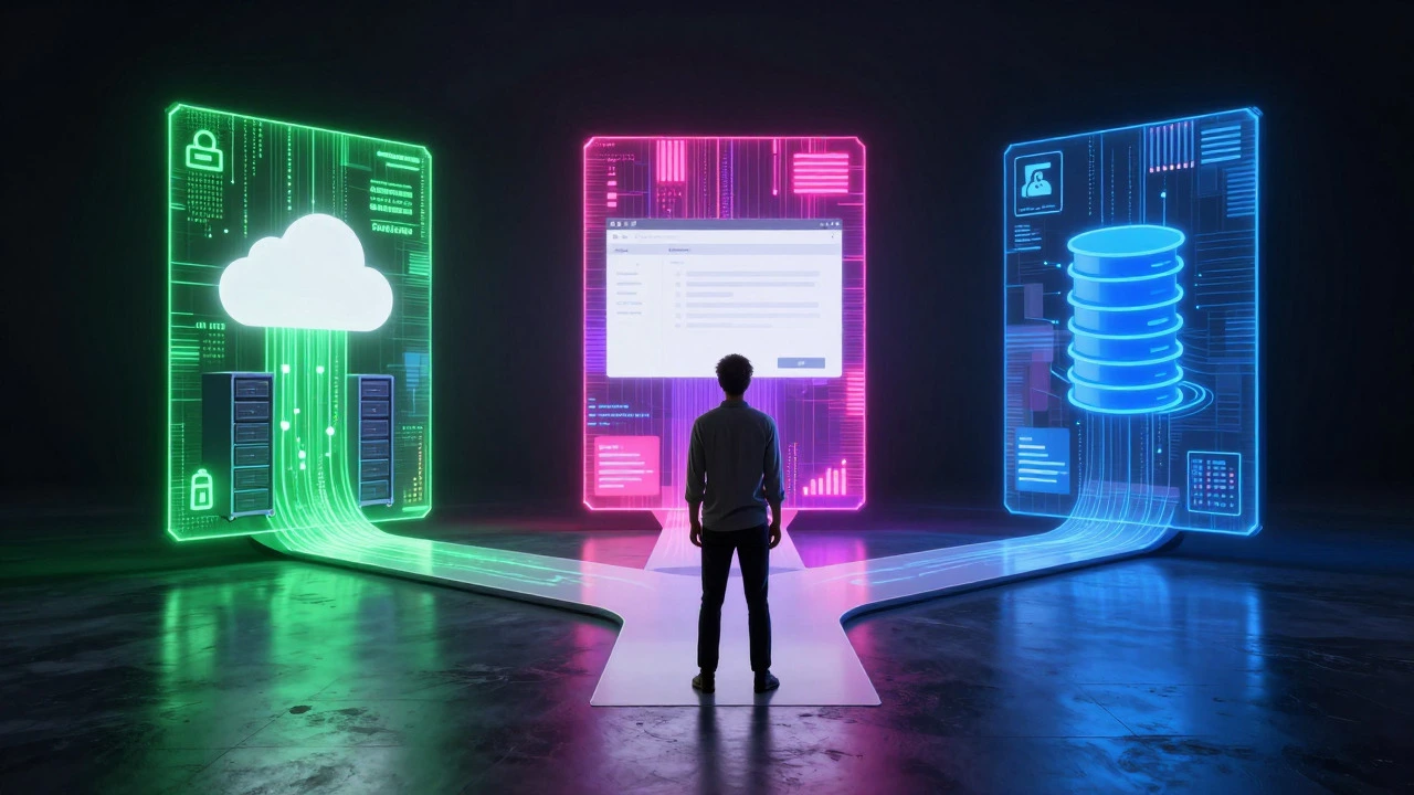 Person choosing between career paths represented by glowing holograms