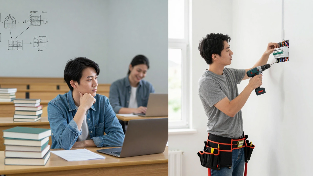 Split view comparing a university lecture hall with an electrician working on-site