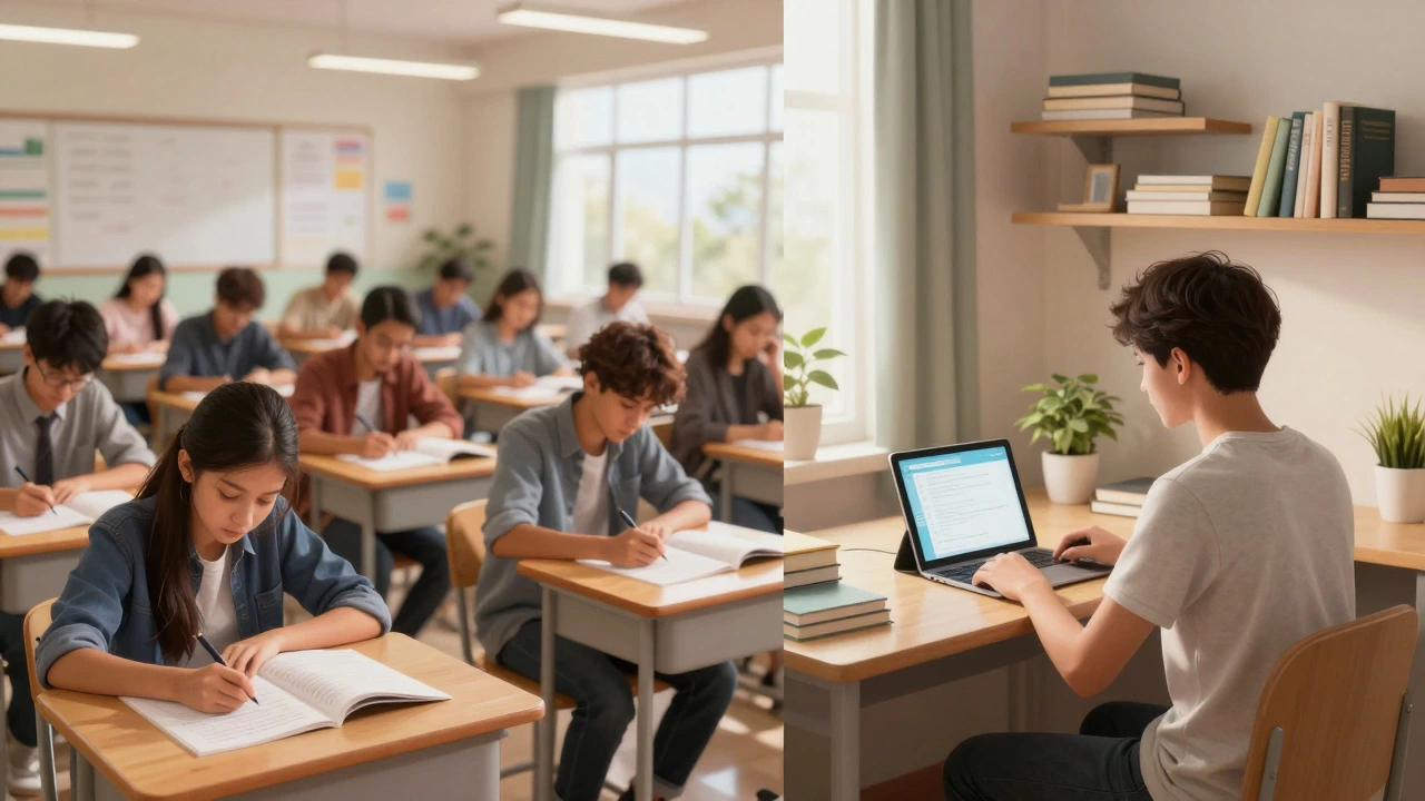 Split view of crowded classroom vs home online study
