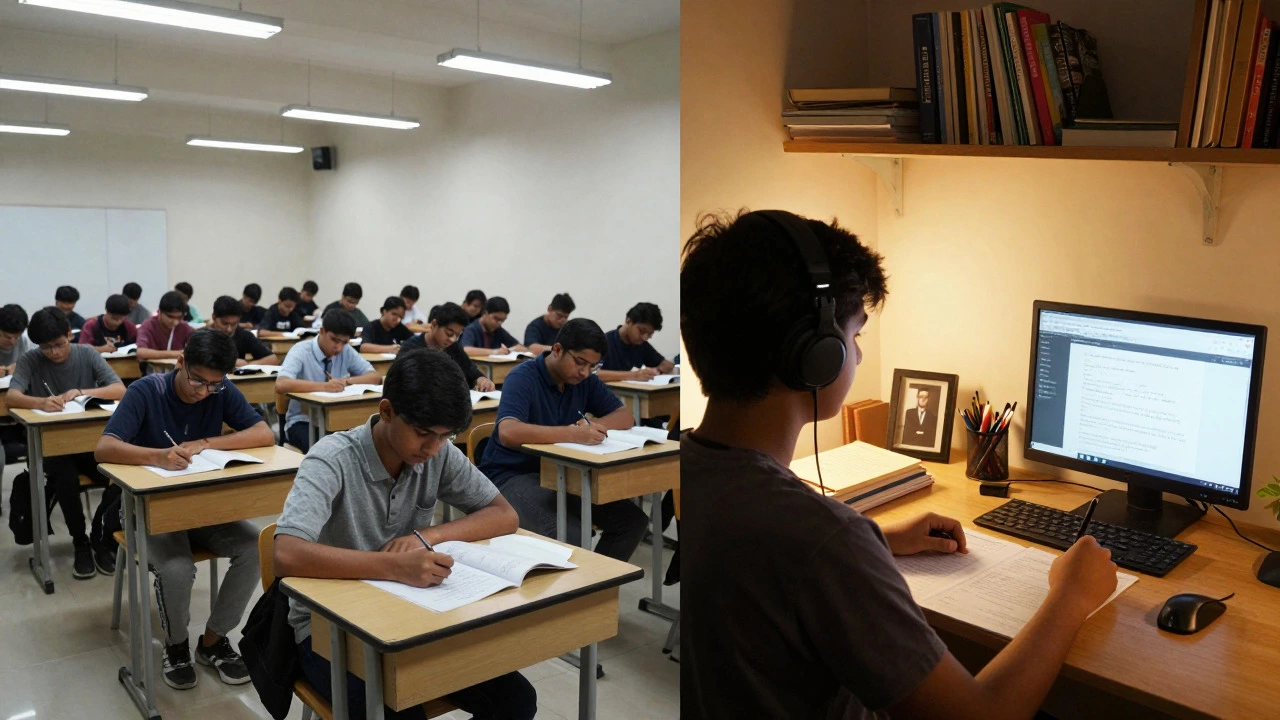Split view of crowded coaching class versus independent online study