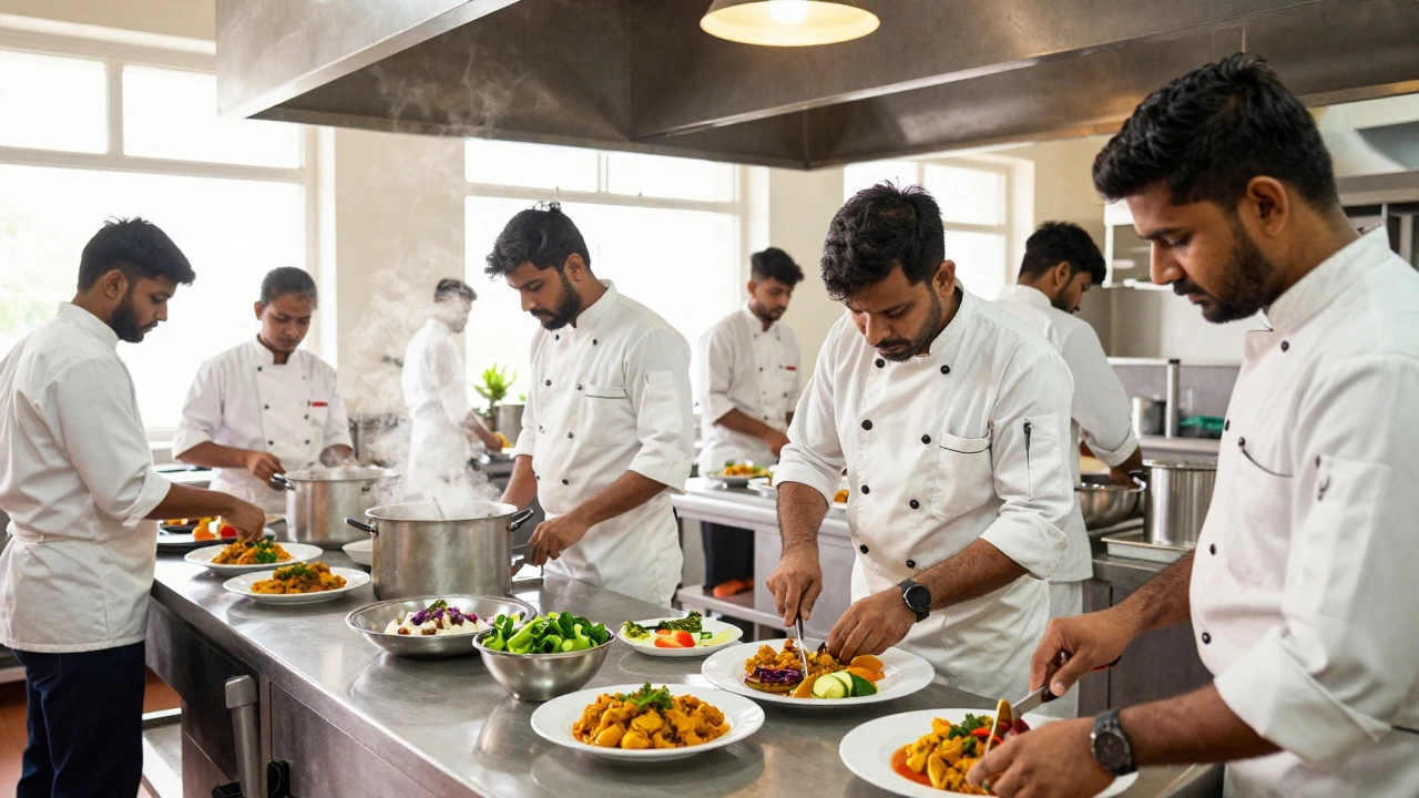 Students cooking and plating food in a professional culinary training kitchen