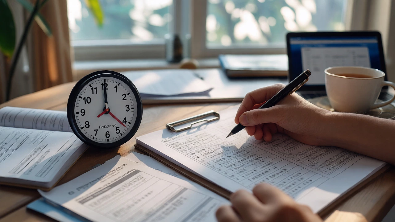 Close-up of a study desk with a timer and notes, illustrating focused exam preparation.