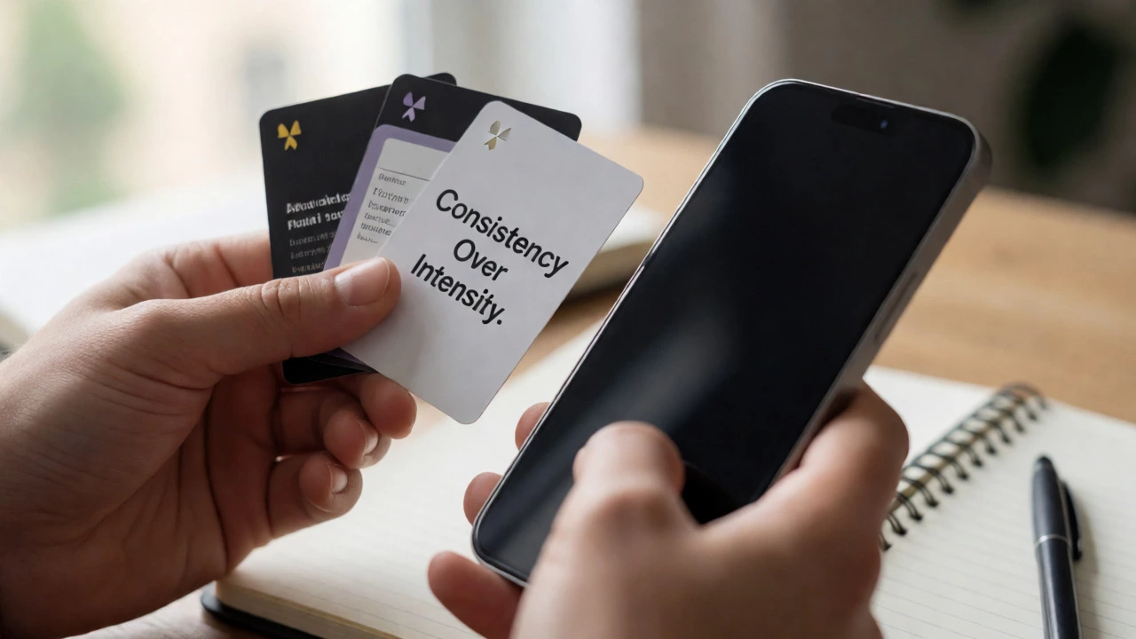 Close-up of hands using flashcards and a phone for structured English study.
