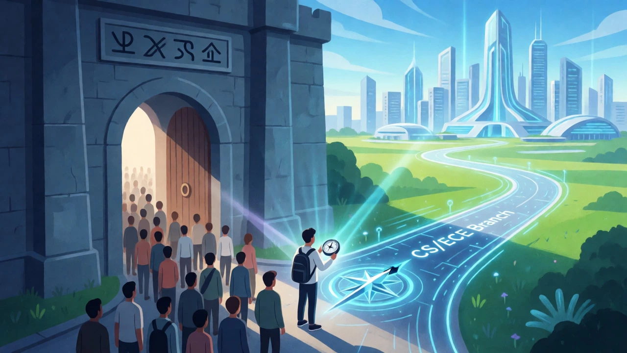 Conceptual art showing a student choosing a tech-focused career path over traditional prestige.