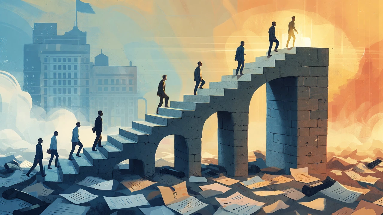 Conceptual illustration of a stone staircase rising from chaos to stability, symbolizing career growth.