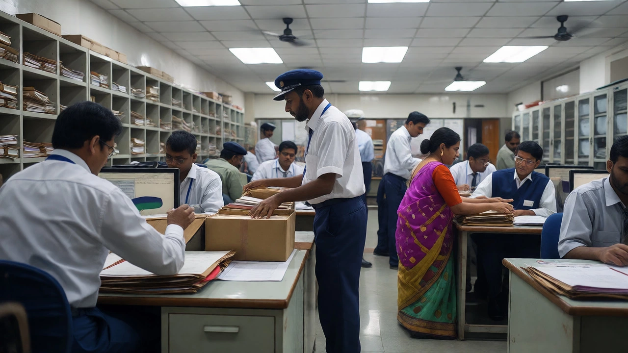 Indian public service aides and clerks working efficiently in a busy municipal government office.