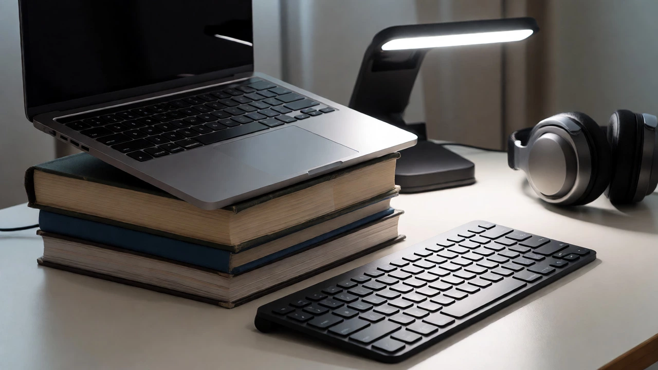 Laptop raised on books with external keyboard and task lamp for ergonomic setup