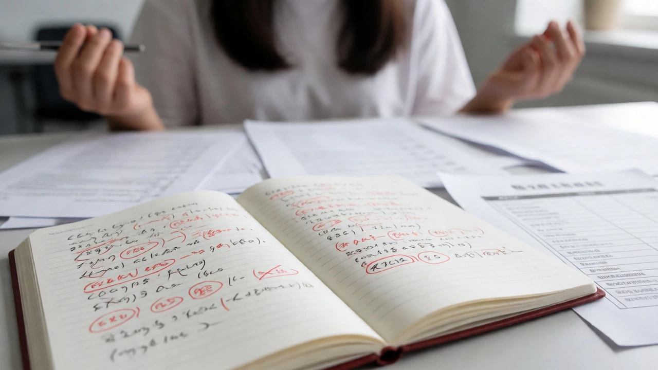 Open error notebook with red corrections beside a test paper