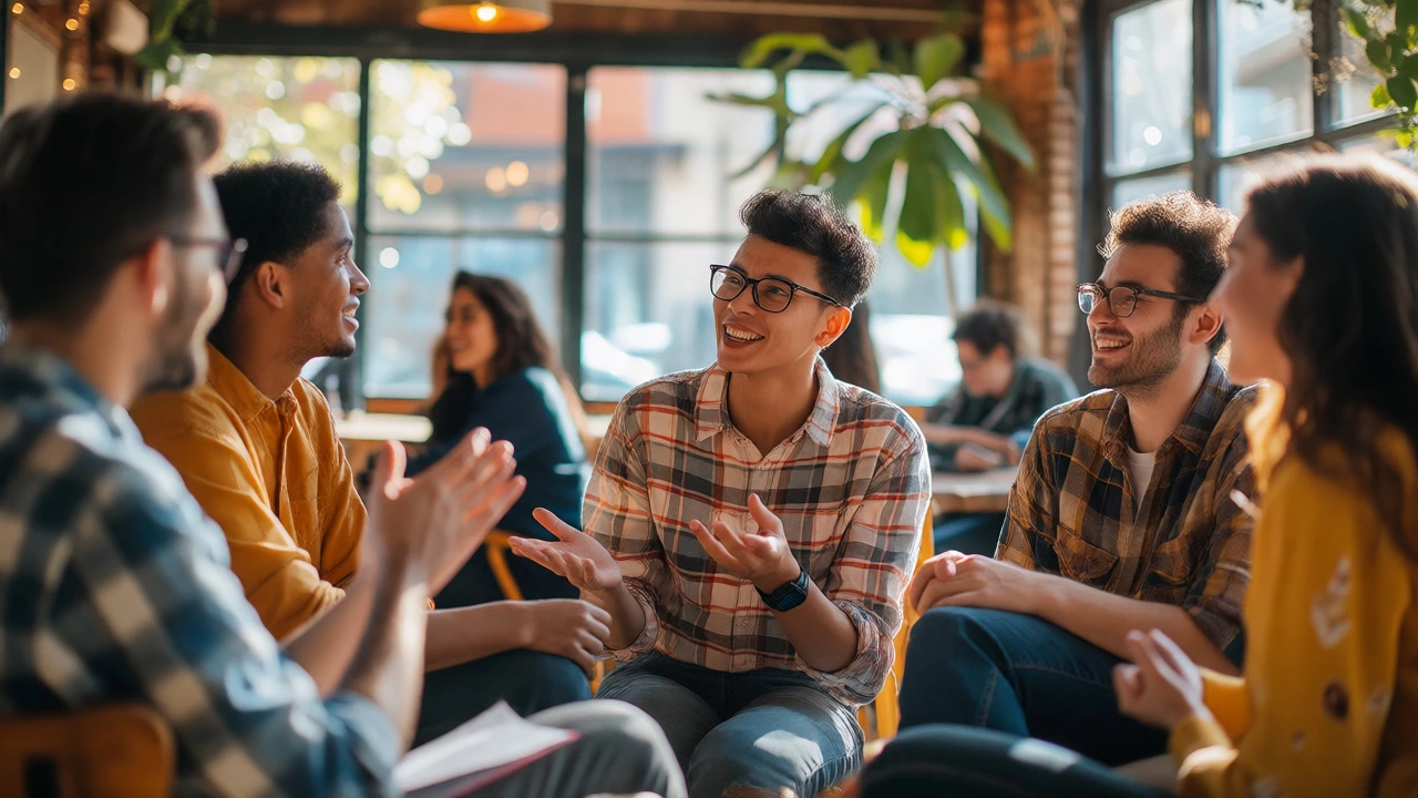 People having a confident, fluent conversation in a bright cafe