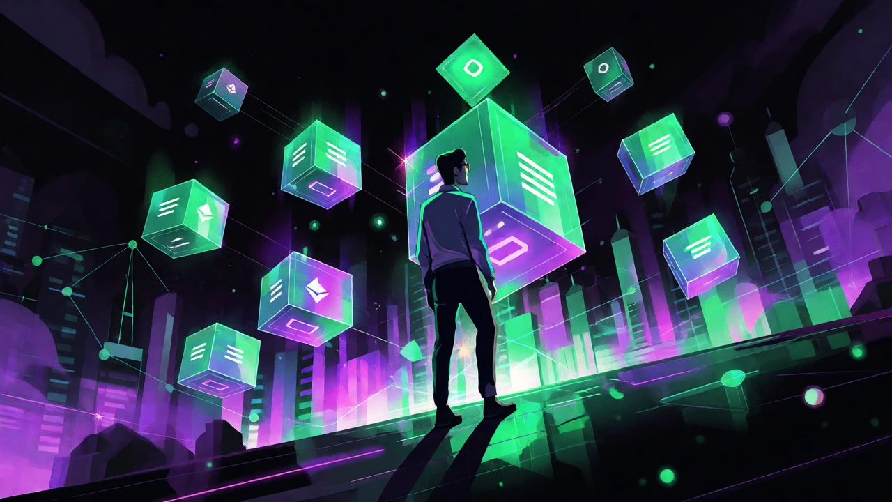 Solidity engineer surrounded by glowing blockchain and finance elements.