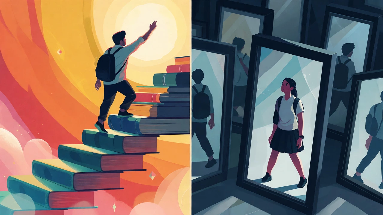 Split conceptual art showing healthy academic growth versus toxic competitive anxiety.