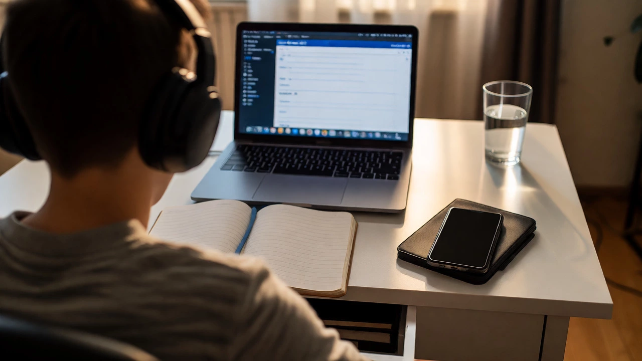 Student wearing noise-canceling headphones at a distraction-free study desk