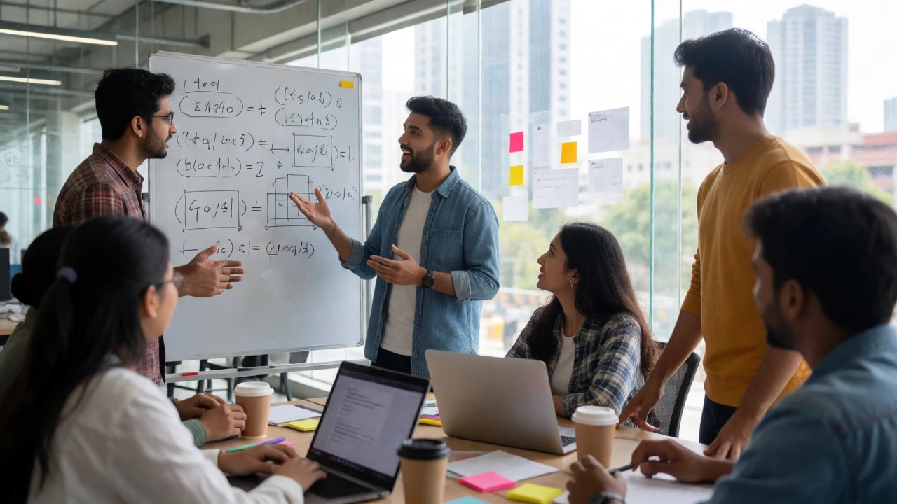 Young engineers collaborating energetically in a modern startup office with whiteboards.