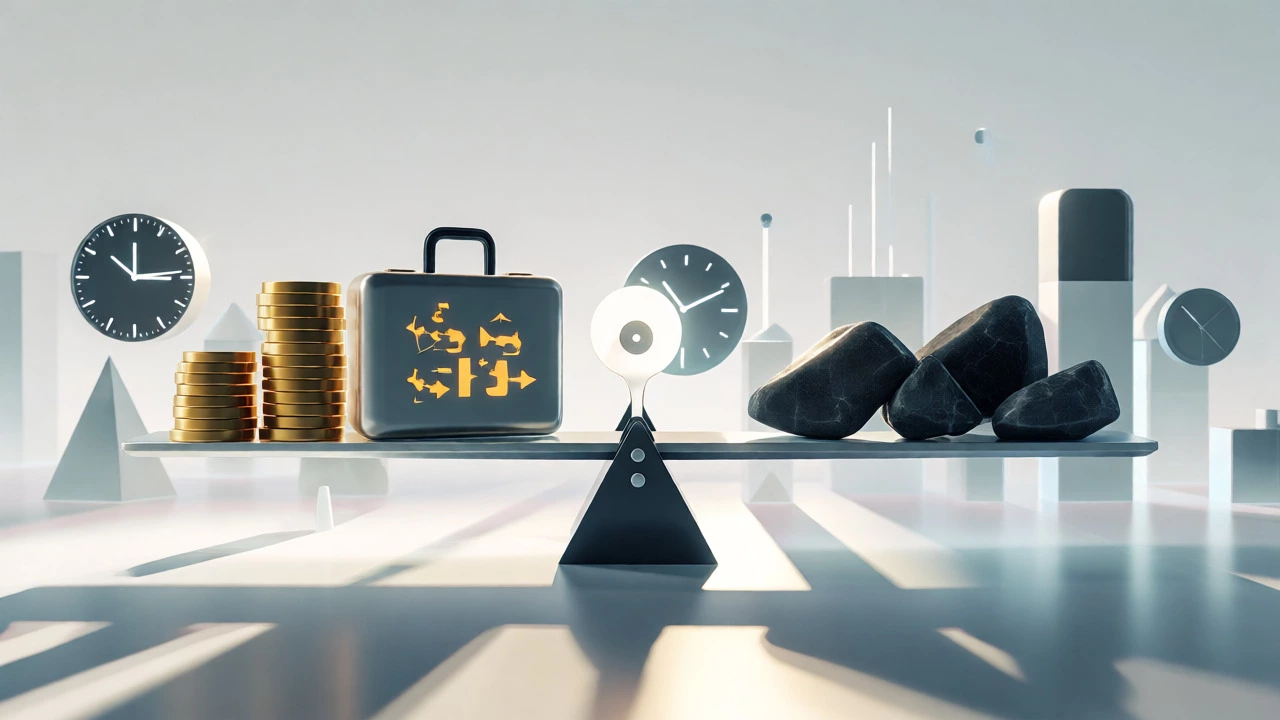 Balance scale weighing salary gains against student debt and opportunity costs.