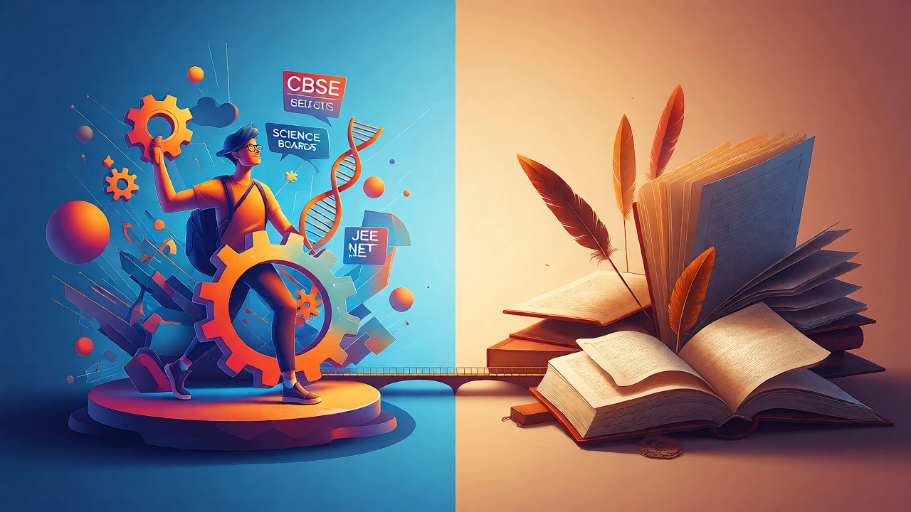 Conceptual art contrasting science-focused CBSE education with humanities boards