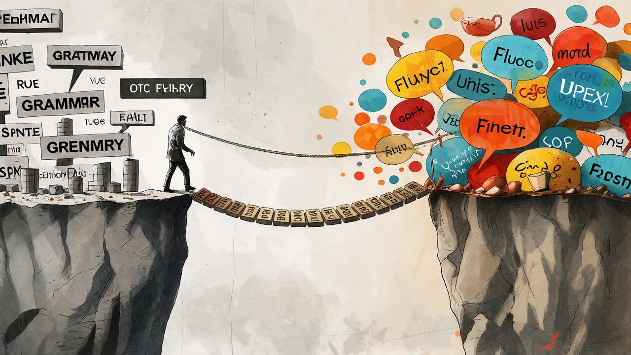 Conceptual art showing a bridge of phrases connecting rigid grammar rules to fluent, natural communication.