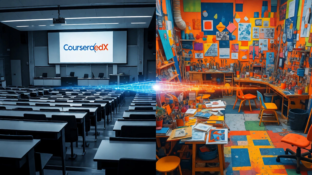 Conceptual split image comparing rigid academic and flexible creative learning spaces