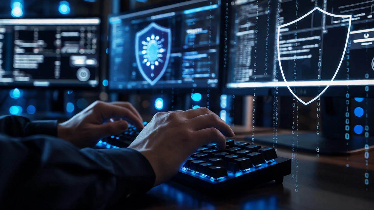 Cybersecurity expert typing in a server room with digital shield overlays