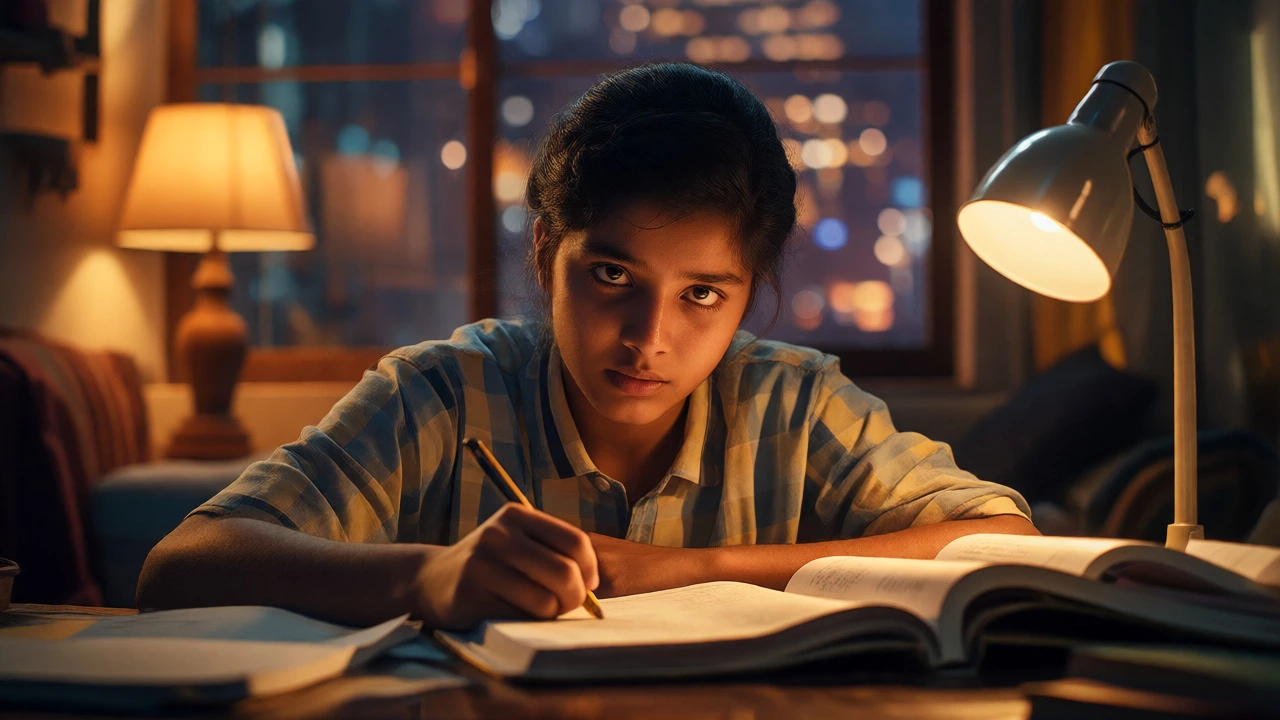 Indian student studying late at night by lamplight