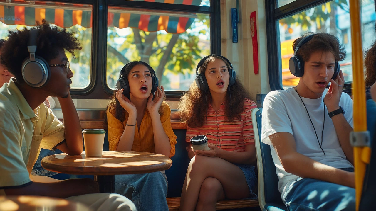 People wearing headphones actively practicing shadowing techniques in cafes and parks, engaging with authentic audio.