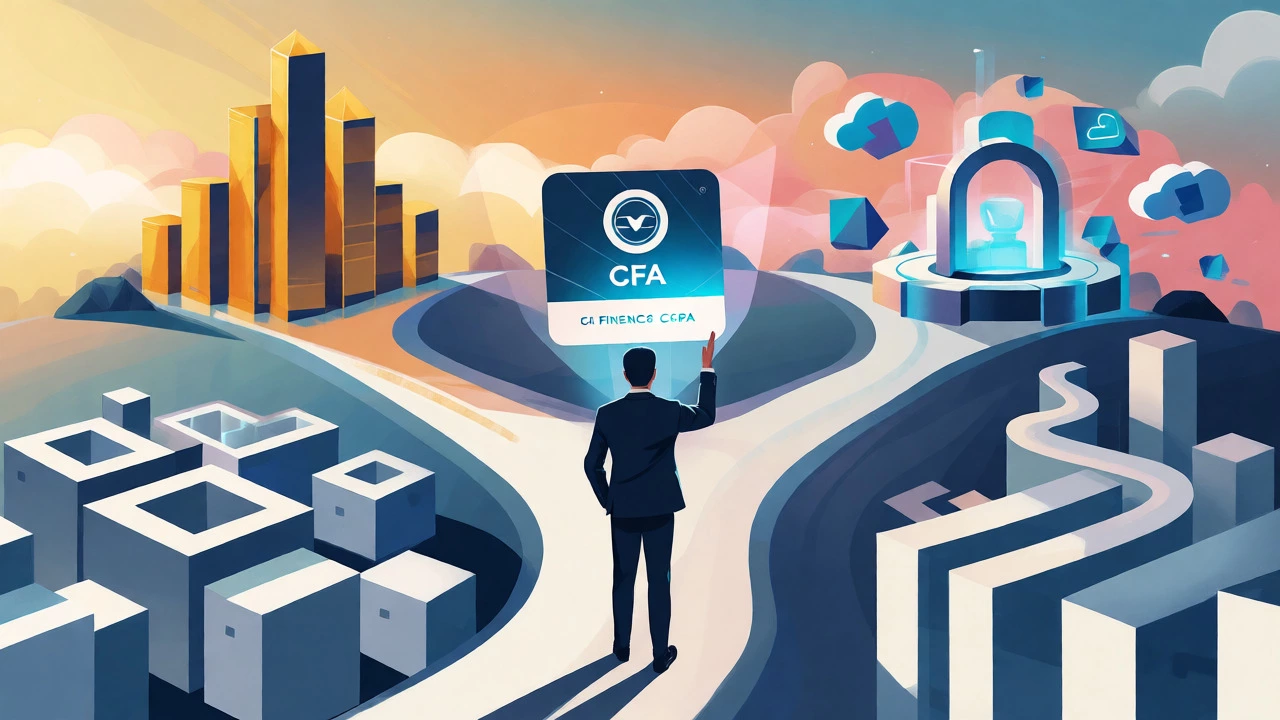 Professional at a crossroads choosing between finance, tech, and management paths