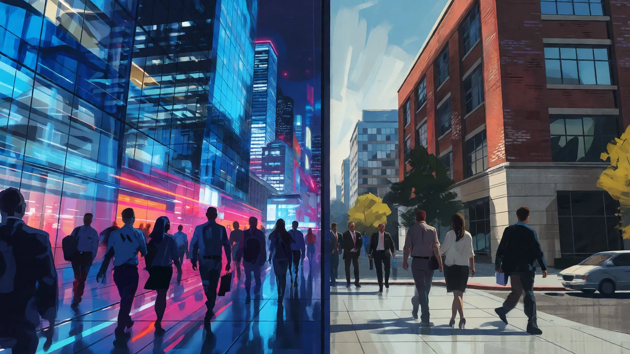 Split view comparing high-energy tech hubs with traditional corporate environments.