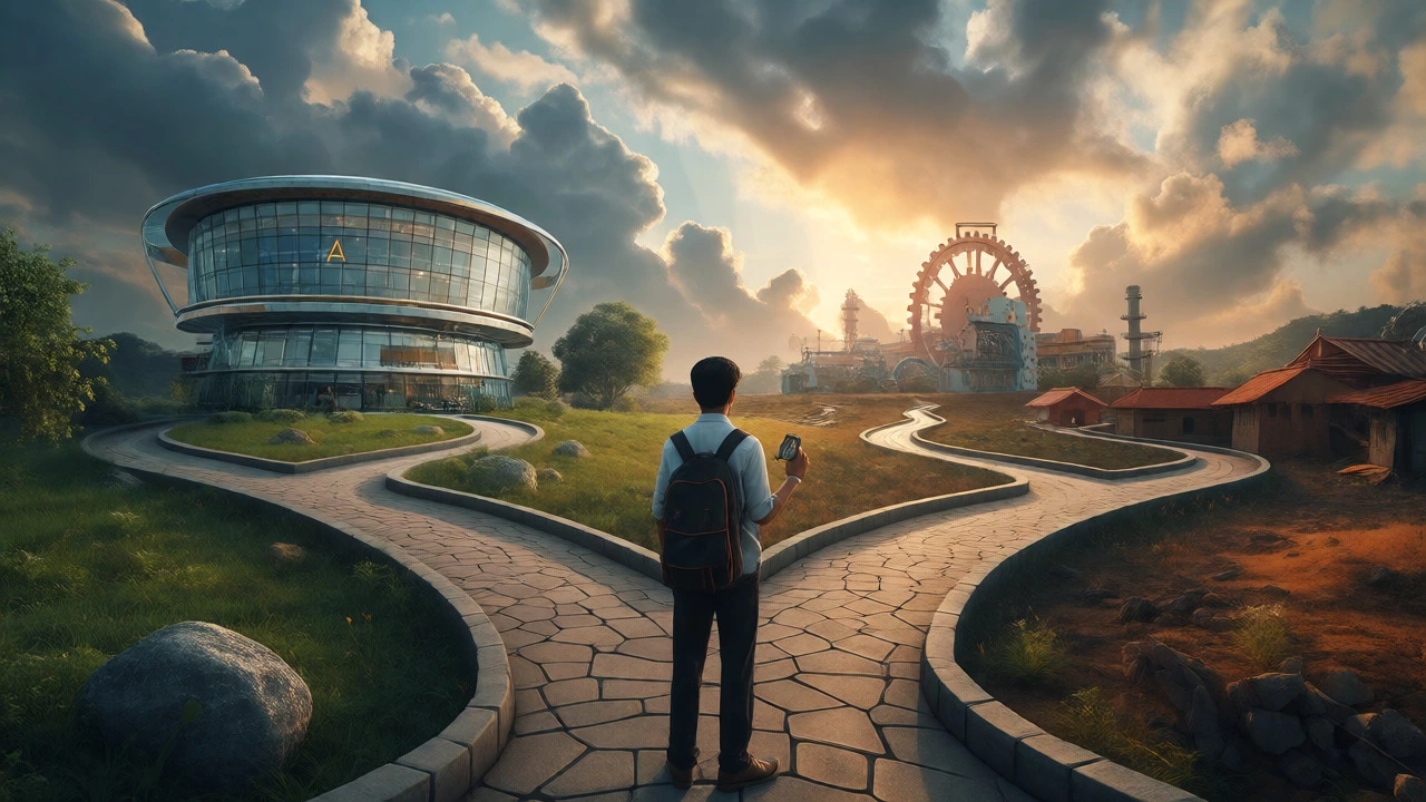 Student standing at a crossroads choosing between different educational paths.