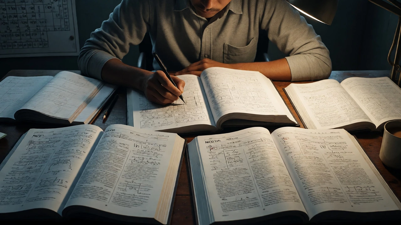 Student studying advanced science topics with NCERT textbooks under focused light