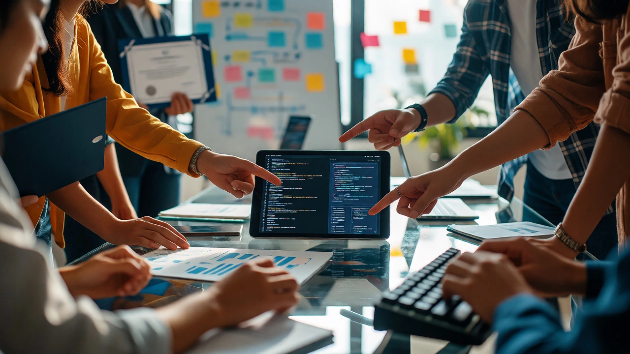 Young professionals collaborating on tech projects and certificates in an office